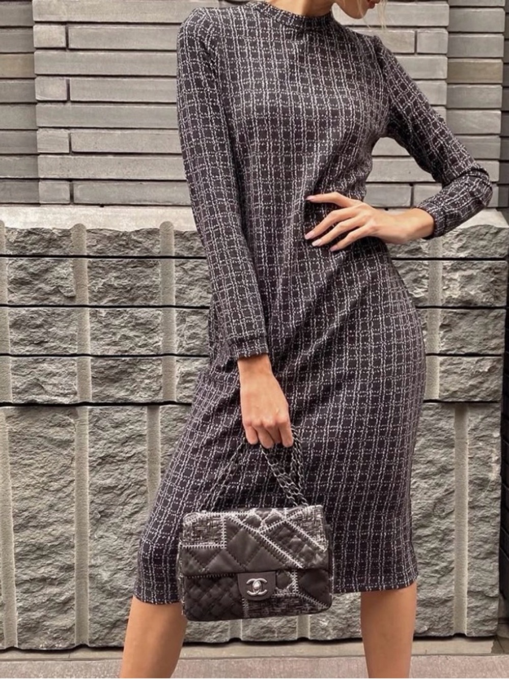 Checked Knit Midi Dress in Charcoal
